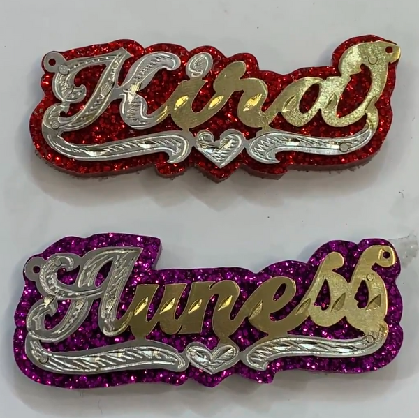 Personalized 14k Gold Overlay Double Any Name Plate Necklace Glitter Sparkle Red or Purple Onyx Back