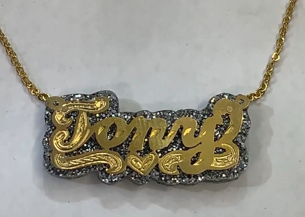 Personalized 14k Gold Overlay Double Any Name Plate Necklace Glitter Sparkle SILVER Onyx Back