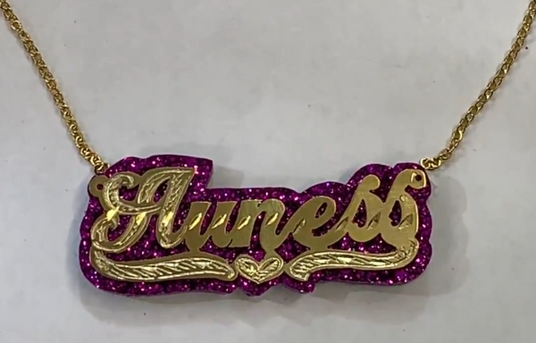 Personalized 14k Gold Overlay Double Any Name Plate Necklace Glitter Sparkle PURPLE Onyx Back