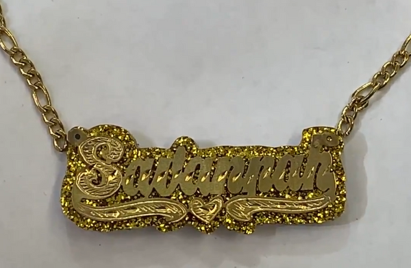 Personalized 14k Gold Overlay Double Any Name Plate Necklace Glitter Sparkle GOLD Onyx Back