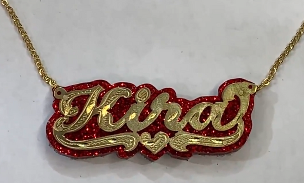 Personalized 14k Gold Overlay Double Any Name Plate Necklace Glitter Sparkle RED Onyx Back