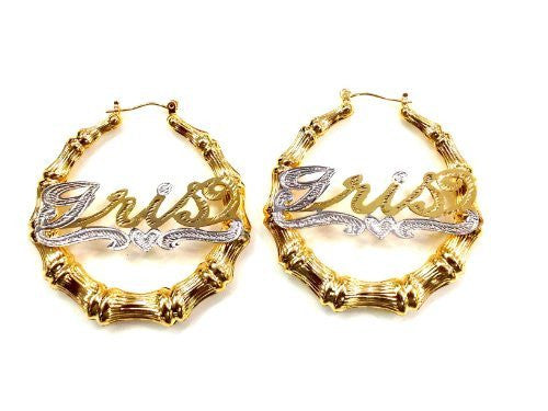 Personalized 14k Gold Overlay 1 1/2 in. Bamboo Name Earrings /e16/ Jewelry Woxpa Woxpa - Jewelry - Woxpa - Jewelry