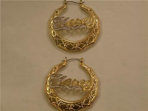 Personalized 14k Gold Overlay 1 3/4 in. Bamboo Name Earrings /e30/ Jewelry Woxpa Woxpa - Jewelry - Woxpa - Jewelry