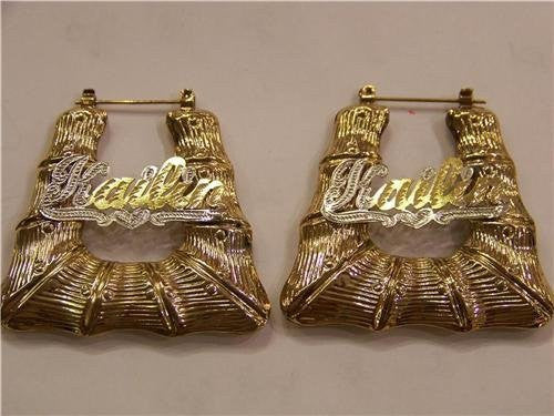 Personalized 14k Gold Overlay 1 3/4 in. Bamboo Name Earrings /e32/ Jewelry Woxpa Woxpa - Jewelry - Woxpa - Jewelry