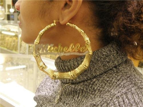 Personalized 14k Gold Overlay 4 in. Bamboo Name Earrings /e64/ Jewelry Woxpa Woxpa - Jewelry - Woxpa - Jewelry