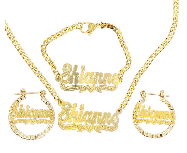 baby Personalized 14k Gold Overlay Name stud Earrings bracelet and chain jewelry set