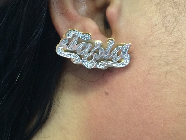 Personalized 14k Gold Overly Any Double Name Plate Stud Earrings/Gold Plate