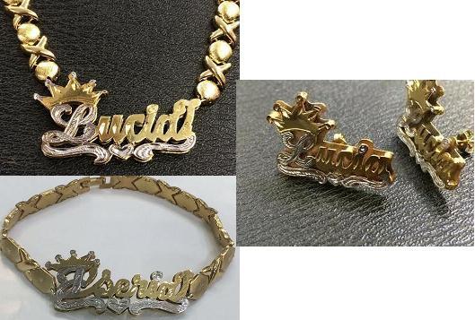Personalized 14k Gold Plate Double plated Any Name 3D Necklace & matching Bracelet & Earrings + X&O chain + Crown /gold Plated dipped in white gold