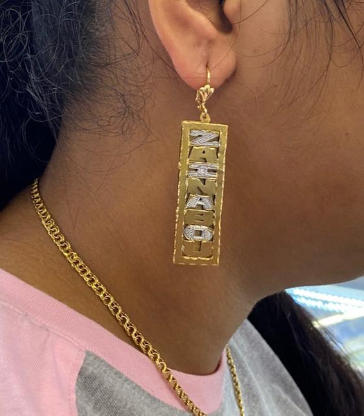 14k GP any DOUBLE dangle name earring Personalized/ up down