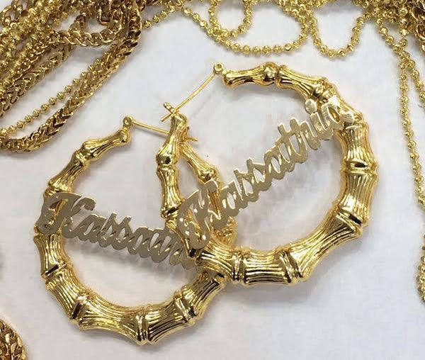 Personalized 14k Gold Overlay Any Name hoop Earrings Bamboo Earrings 3 inch/PLAIN
