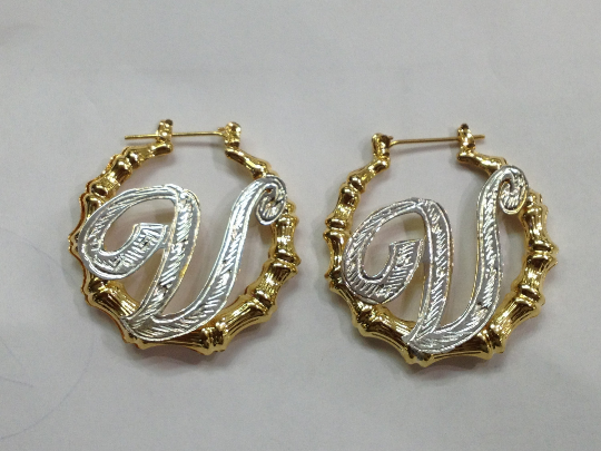 Personalized 14k Gold Plated Gold Overlay Any Initial hoop Bamboo Earrings 2 inch