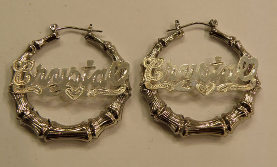 Personalized silver Any Name Hoop Bamboo Earrings 1 1/2 inch