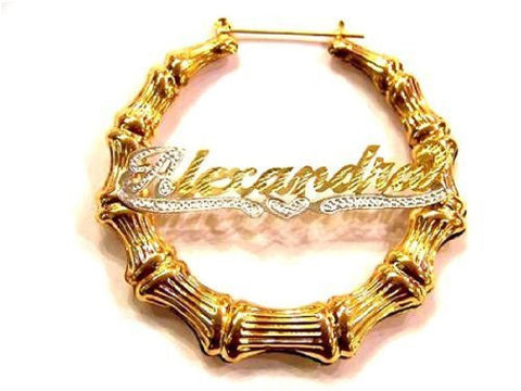 Personalized 14k Gold Overlay hoop or bamboo Name Earrings