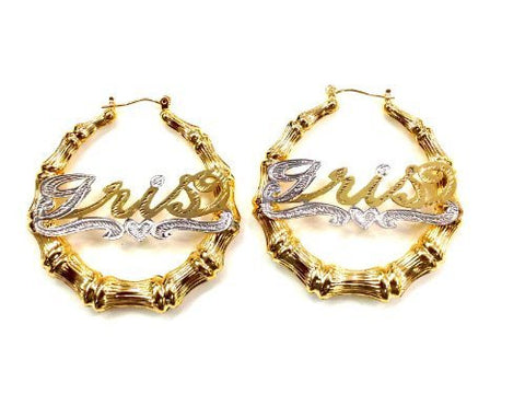 Personalized 14k Gold Overlay hoop or bamboo Name Earrings