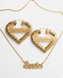 personalized heart bamboo earrings and necklace set 2 1/2 inch
