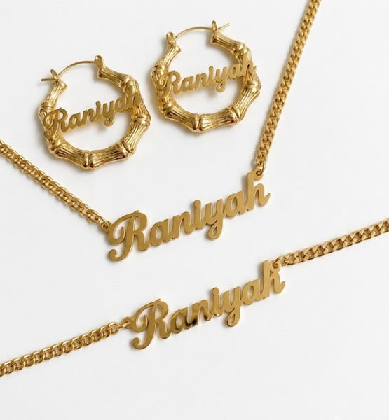 Personalized Name bamboo Earrings, Necklace & Bracelet Set no tail 1" ,1/12", 2", 2 1/2", 3", 4"