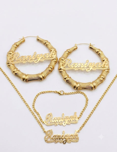 Personalized Name bamboo Earrings, Necklace & Bracelet Set 1" ,1/12", 2", 2 1/2", 3", 4"