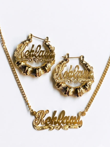 Personalized Name Hoop bamboo Earrings Chain Set – Custom Jewelry- cuban chain