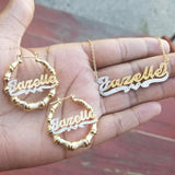 Personalized 14k Gold Overlay 3 inch . Bamboo Name Earrings necklace set