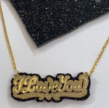 Personalized 14k Gold Overlay Double Any Name Plate Necklace Any Glitter Sparkle Color Onyx Back