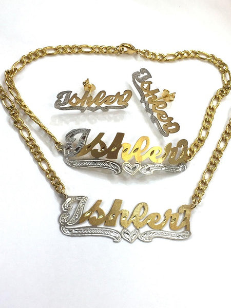 14k Gold Overlay Personalized Name Necklace bracelet stud earring set /c1