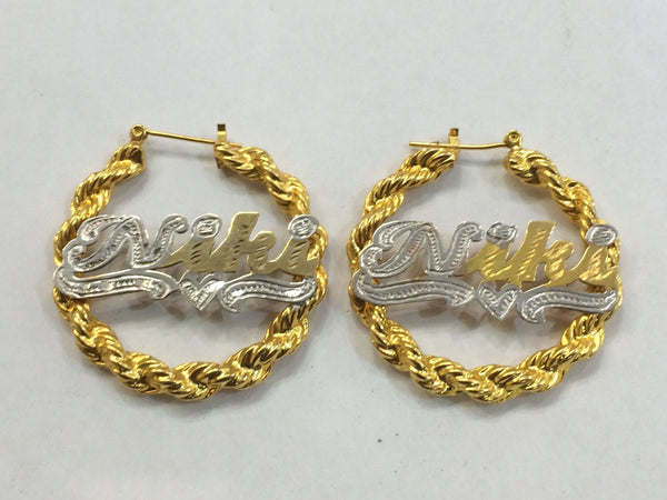 Personalized 14k Gold Overlay Any Name hoop Twisty Bamboo Earrings 1 1/2 inch