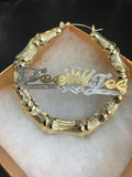 Personalized 14k Gold Overlay GP Any Name Hoop Bamboo Crown & Heart Earrings 3 inch