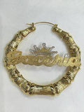 Personalized 14k Gold Overlay GP Any Name Hoop Bamboo Crown Earrings 3 inch