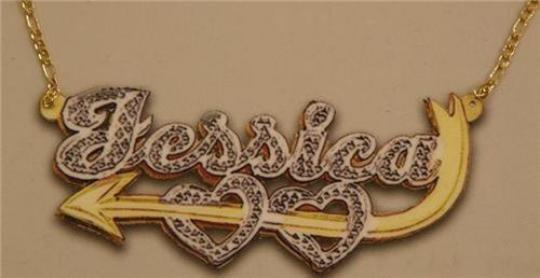 Personalized Gold Overlay Double 3d Any Name Plate Necklace Free Chain /j5