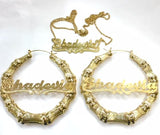 Personalized 14k Gold Overlay 3 inch . Bamboo Name Earrings necklace set
