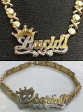 Personalized 14k Gold Plate Double plated Any Name 3D Necklace & matching 3D Bracelet + X&O chain + Crown /gold Plated dipped in white gold