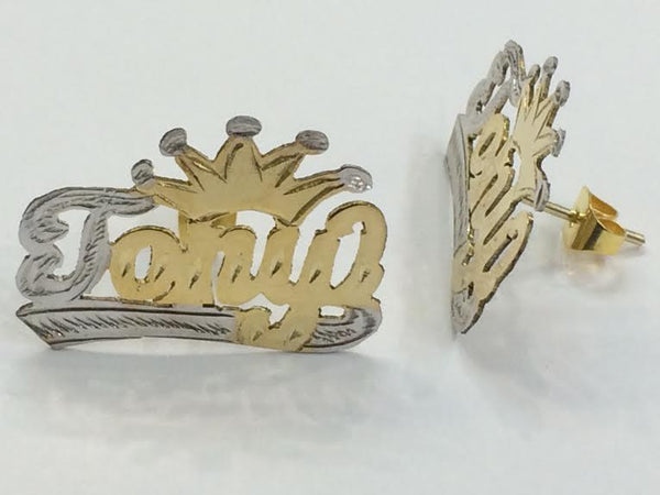 Personalized 14k Gold Plate Any Name Single Plated STUD Earrings with Crown