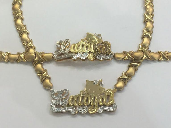 Personalized 14K Gold Plated Double 3D XO Hugs & Kisses Name Necklace – Custom Crystal Pendant